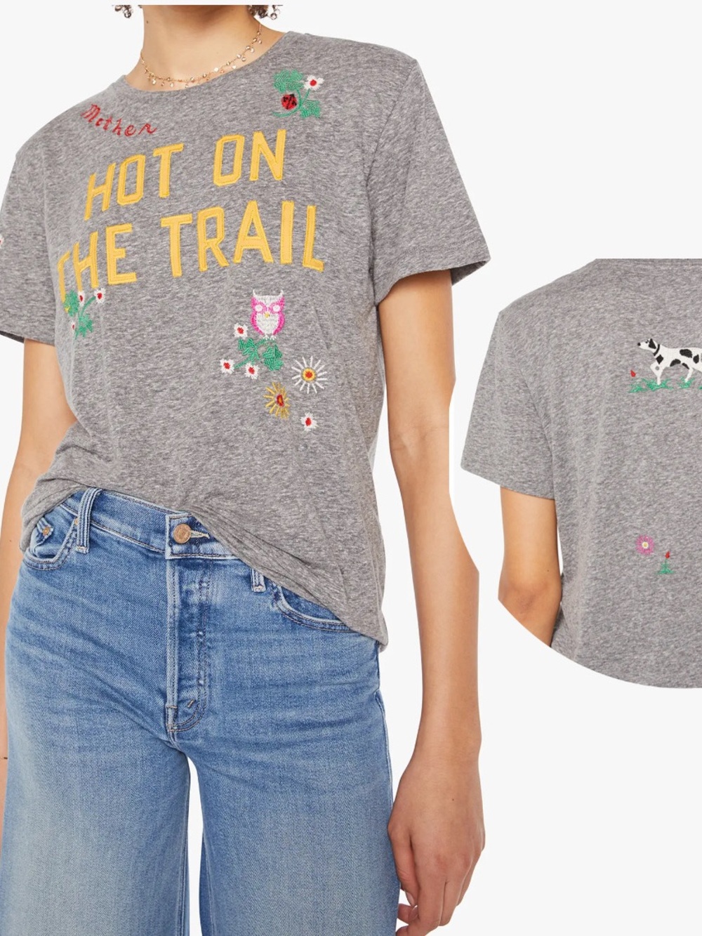 MOTHER || The Rowdy Embroidered Graphic T-Shirt Hot On The Trail Dog Owl Gray S